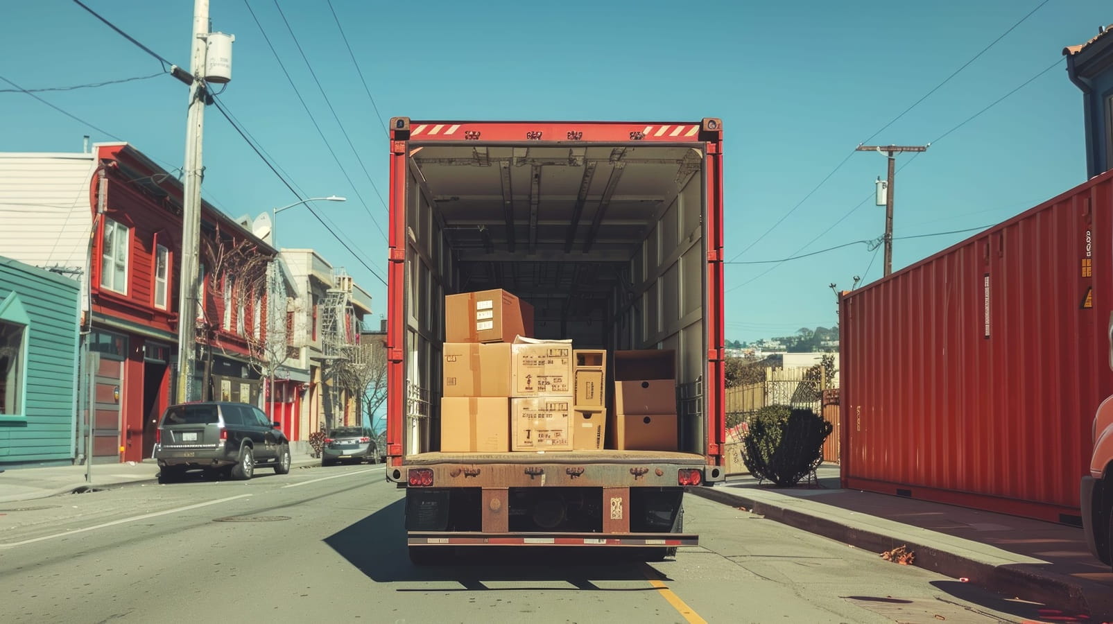 Open moving truck on an urban street with cardboard boxes inside