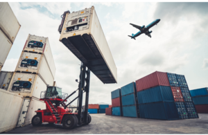 cargo container for overseas shipping in shipyard with airplane in the sky